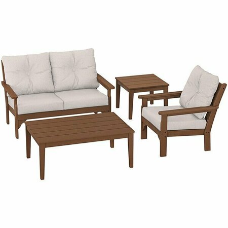 POLYWOOD Vineyard Teak / Dune Burlap 4-Piece Deep Patio Set with Chair Settee and Newport Tables 633PWS52T145